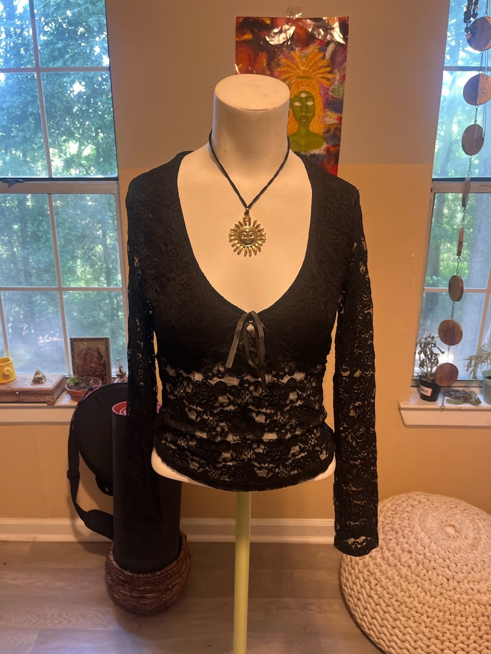 Black Lace Long-Sleeve V-Neck Women’s Top Grunge